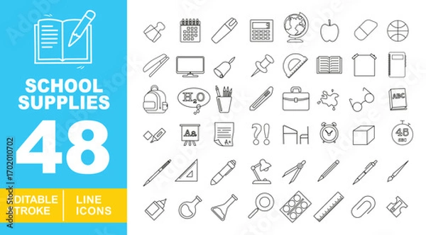 Fototapeta School Supplies line icon set. Binderclip, calendar, marker, calculator, globe, apple, eraser, basketball, stapler, monitor, bell, thumbtack, protractor, book, house. Editable stroke icons collection.