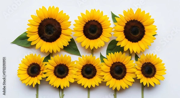 Fototapeta A cheerful collection of eight yellow sunflowers with green leaves arranged in two rows on a white background.