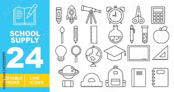 Fototapeta School Supply line icon set. Crayon, rocket, telescope, alarm, scissors, calculator, brush, pencil, ruler, flask, pen, testtube, apple, lightbulb, magnifier, globe. Editable stroke icons collection.