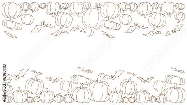 Obraz An outline drawing of pumpkins and bats arranged in rows at the top and bottom of the image area