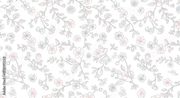 Fototapeta Delicate floral pattern, pastel blossoms and branches, repeating design, minimalist style.
