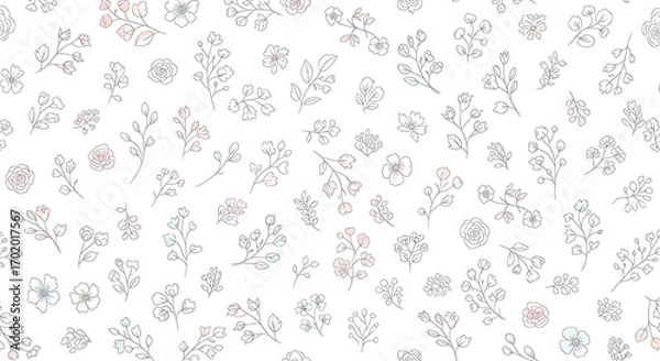 Fototapeta Delicate hand-drawn floral and botanical elements scattered across a clean white background, creating a whimsical and airy pattern.