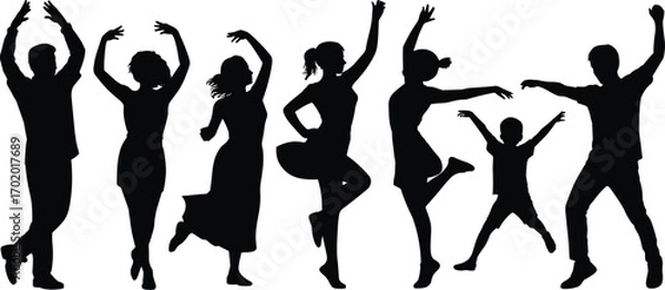 Fototapeta Silhouettes of joyful people dancing and celebrating together, expressing freedom, happiness, movement, family fun, energy, unity, and diverse emotions in black.