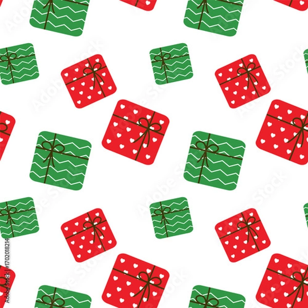 Fototapeta Seamless pattern with colorful gift boxes in red and green isolated on white background.Repeat pattern of gift with ribbon for Christmas and happy new year.Present vector illustration wallpaper.
