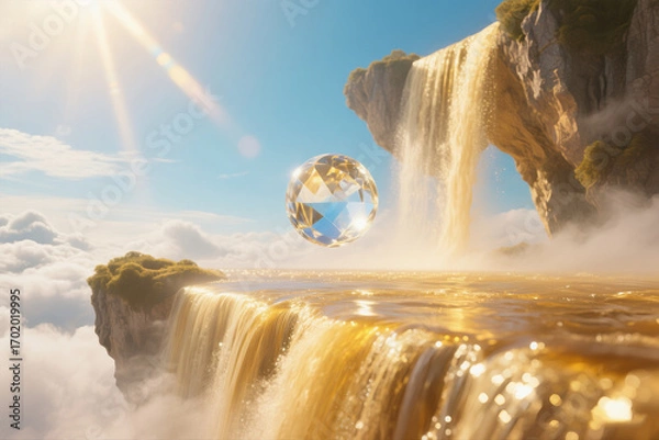 Fototapeta Floating Cliffs Above Clouds with Golden Sunlight and Mist