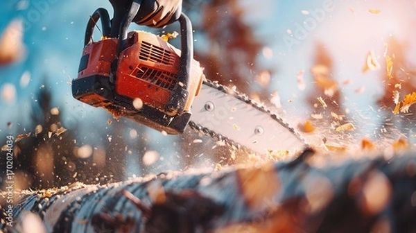 Fototapeta Chainsaw cutting through a wooden log, sending sawdust flying in bright sunlight. Close-up of lumberjack's work in a forest setting.
