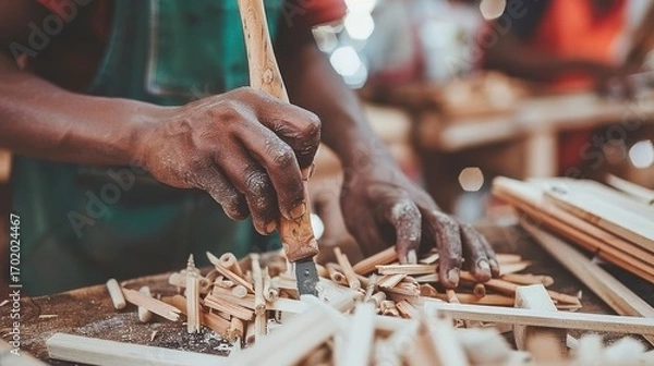 Fototapeta Artisan's hands meticulously carving wood with a chisel, generating shavings in a craft workshop