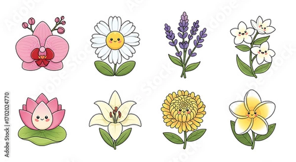 Fototapeta Eight cartoon flower illustrations featuring an orchid, daisy, lavender, jasmine, lotus, lily, sunflower, and plumeria, each with a cute, smiling face.