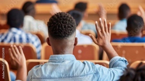 Fototapeta Student raising hand in lecture hall, active participation and engagement in educational setting