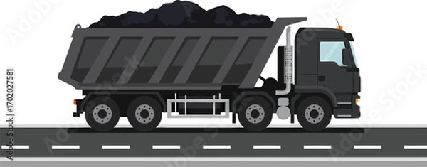 Fototapeta Heavyduty dump truck loaded with black coal on a road.