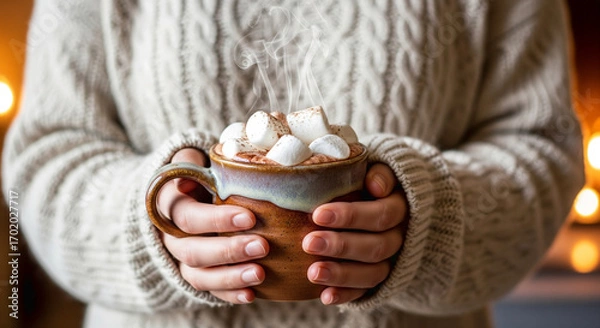 Fototapeta Hands in a cozy sweater holding a steaming mug of hot chocolate with marshmallows