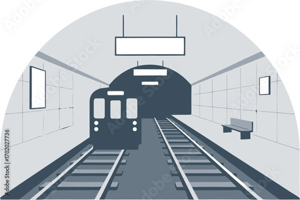 Fototapeta Simple Flat Style Subway Platform with Train and Billboard Illustration
