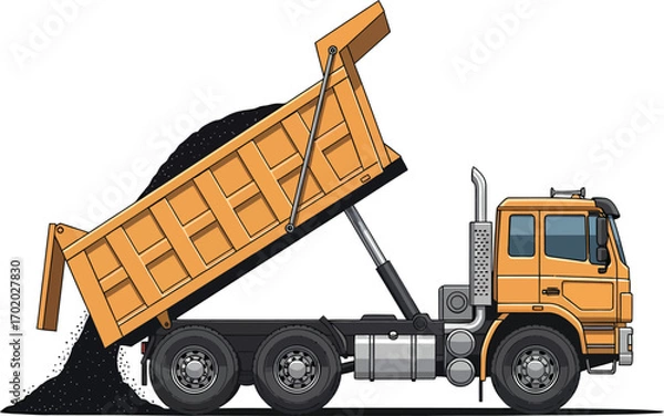 Fototapeta Orange dump truck unloading black material.