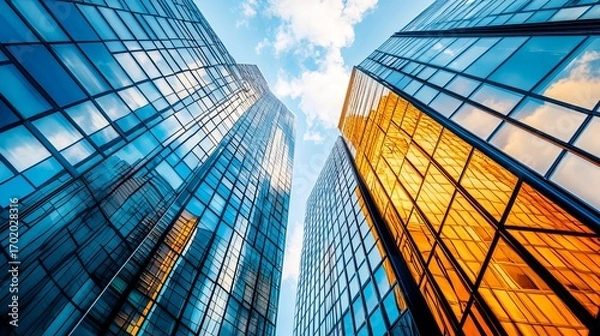 Obraz Low-angle view of modern skyscrapers with glass facades reflecting a partly cloudy sky