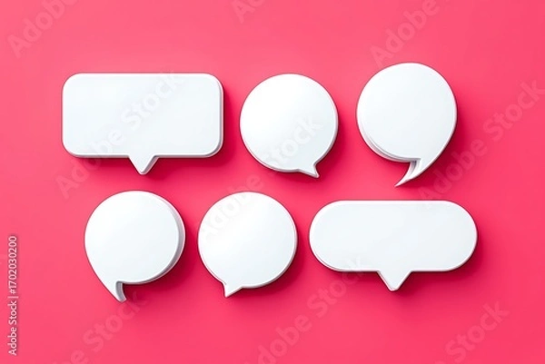 Fototapeta Collection of Six Blank White Speech Bubbles on a Bright Pink Background