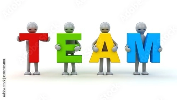 Fototapeta Four Abstract Human Figures Hold Up Giant Letters Spelling TEAM
