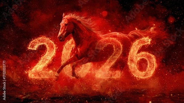 Obraz a red fire horse running with flaming numbers 2026 on a dark fiery background.