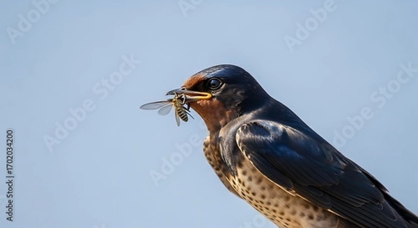 Fototapeta Barn Swallow with Insect Prey Against a Clear Blue Sky.