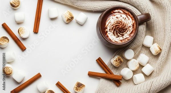 Fototapeta Cozy Hot Chocolate with Toasted Marshmallows, Whipped Cream, and Cinnamon Sticks