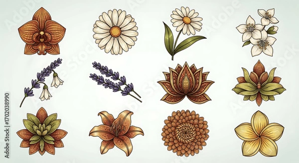 Fototapeta Collection of twelve meticulously drawn floral illustrations, showcasing diverse blooms in warm color palettes.