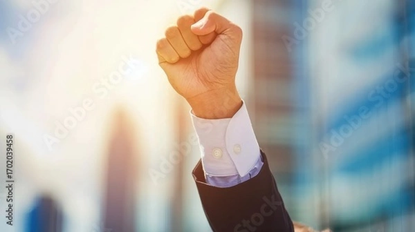 Fototapeta Clenched fist raised by a business professional, symbolizing power, success, determination, and victory in a bright urban setting.
