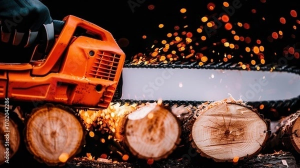 Fototapeta Chainsaw cutting wooden logs, close-up with flying sparks and sawdust. Dynamic woodcutting action, timber processing.