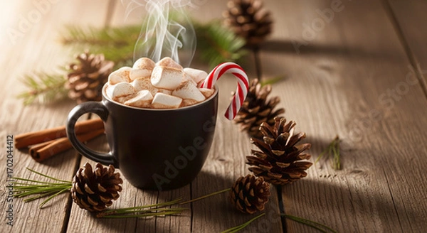 Fototapeta Steaming Hot Cocoa with Marshmallows, Candy Cane, and Winter Decorations on Wood