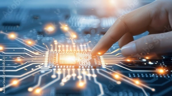 Fototapeta Human finger touching glowing microchip on circuit board. Digital innovation, AI, data processing, and future technology concept.