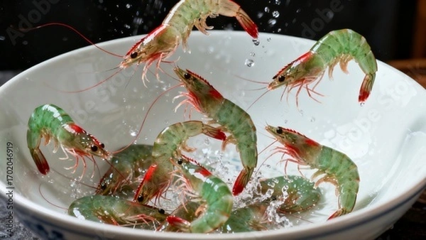 Fototapeta Fresh Green Shrimp in White Bowl with Water Splash, Ideal for Seafood Lovers and Culinary Enthusiasts