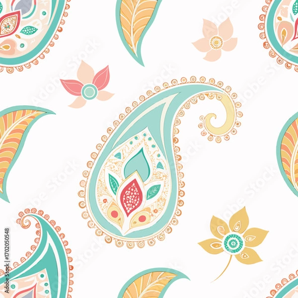 Obraz Elegant paisley seamless pattern, intricate floral motifs, perfect for traditional saree fabric design, soft pastel colors on white background