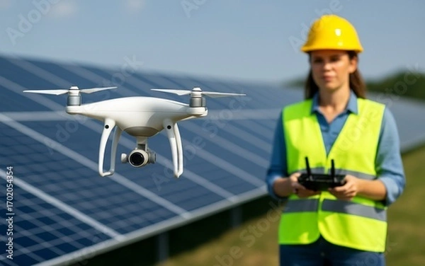 Fototapeta White quadcopter drone inspecting solar panels with female operator in safety gear controlling flight