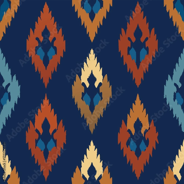 Obraz seamless ikat pattern, tribal textile style, handwoven look in indigo and earthy tones 1