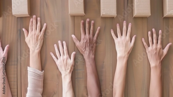 Fototapeta Diverse hands reaching up on wooden background, representing unity, collaboration, equality, and participation.