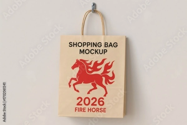 Fototapeta Beige shopping bag mockup featuring red fire horse celebrating 2026 chinese new year hanging on a wall