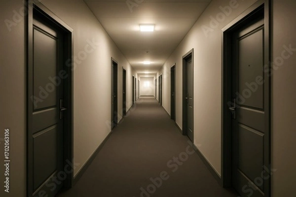 Fototapeta Empty symmetrical corridor in a hotel or apartment building with doors and lights illuminating the scene