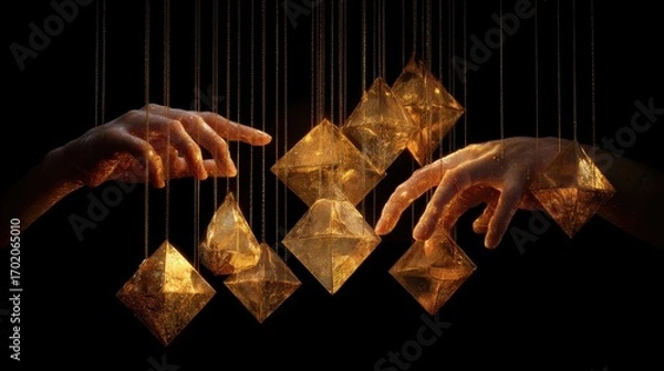 Obraz Two human hands reaching for several hanging golden geometric figures on a dark black background.