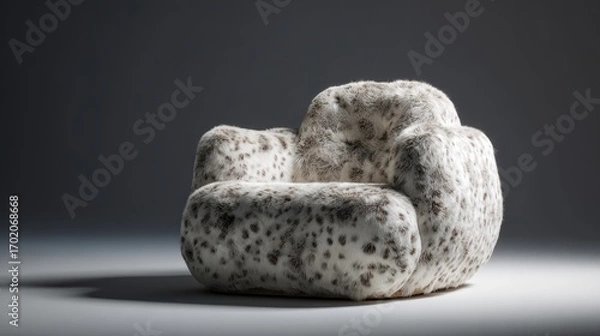Obraz a cozy armchair upholstered in spotted white fluffy fur under soft studio light on a dark background.