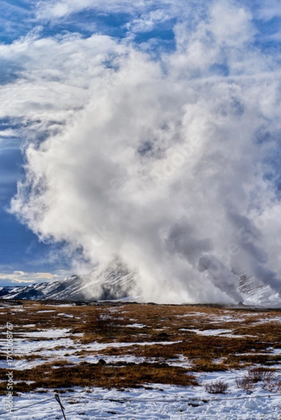 Fototapeta Explore the captivating geothermal area in Hverir Iceland, where steam rises from the earth,  travel in iceland by road trip.