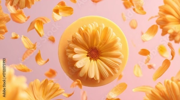 Obraz A yellow calendula flower with floating petals on a pastel background. 