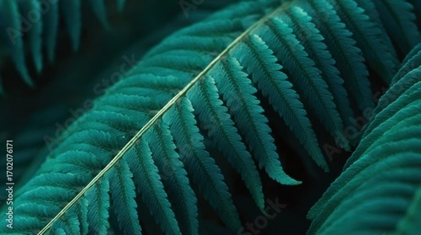 Obraz Closeup macro view of a dark teal fern leaf showing detailed texture and patterns on a dark background.