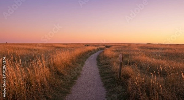 Fototapeta Serene Pathway Through Golden Grasslands at Sunset, Capturing the Tranquility of Nature's Embrace
