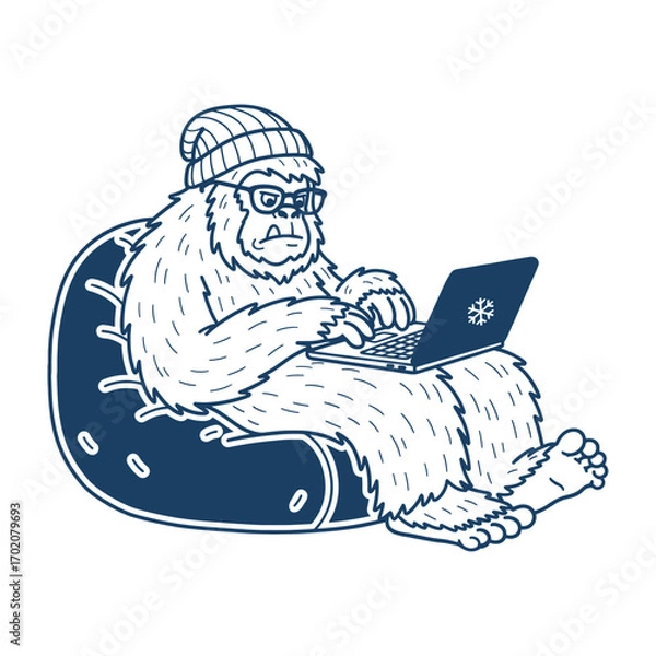 Fototapeta yeti wearing a beanie and glasses working on a laptop in a beanbag chair sketch