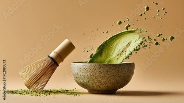 Obraz Matcha tea powder splashing from a ceramic bowl next to a bamboo whisk on a neutral beige background.