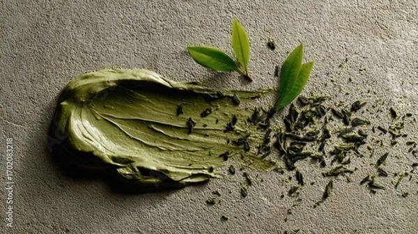 Obraz Top-down view of green tea cosmetic clay smear, fresh leaves, and dry tea on a textured stone background.