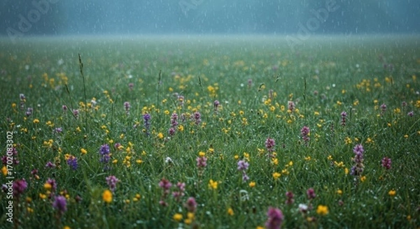 Fototapeta A serene view of a vibrant wildflower meadow under a gentle rain with a misty, atmospheric background