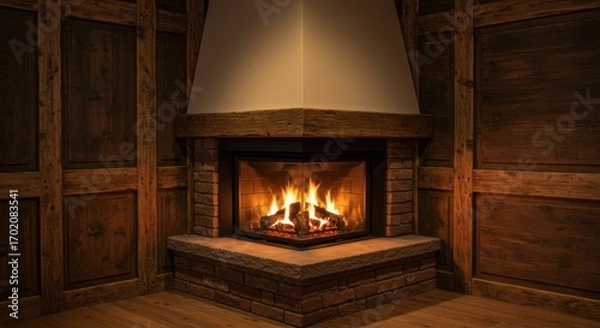 Fototapeta A beautifully crafted rustic corner fireplace with a bright, warm fire burning, creating a tranquil and cozy ambiance in a wooden lodge interior