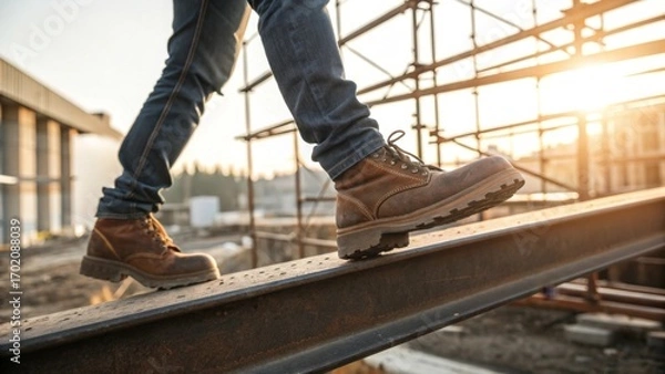Fototapeta Engineer stepping on steel beam construction site closeup image blurred scaffolding and sunlight flare ground level view realistic textures for industrial photography