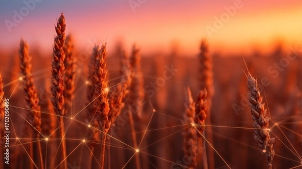Fototapeta Golden wheat stalks glisten under a sunset sky, connected by a web of digital lines, symbolizing the fusion of agriculture and technology.
