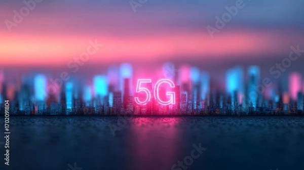 Fototapeta A vibrant city skyline illuminated with neon lights featuring a prominent "5G" sign, symbolizing advanced technology and connectivity.