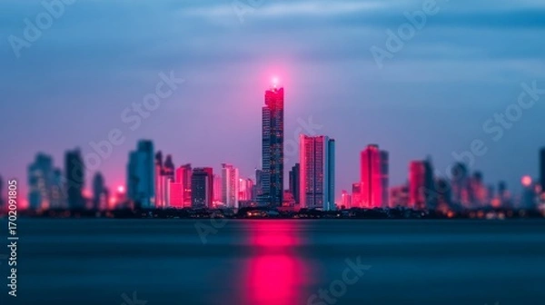 Fototapeta A vibrant city skyline at dusk, illuminated by colorful lights reflecting on the water, creating a captivating urban atmosphere.